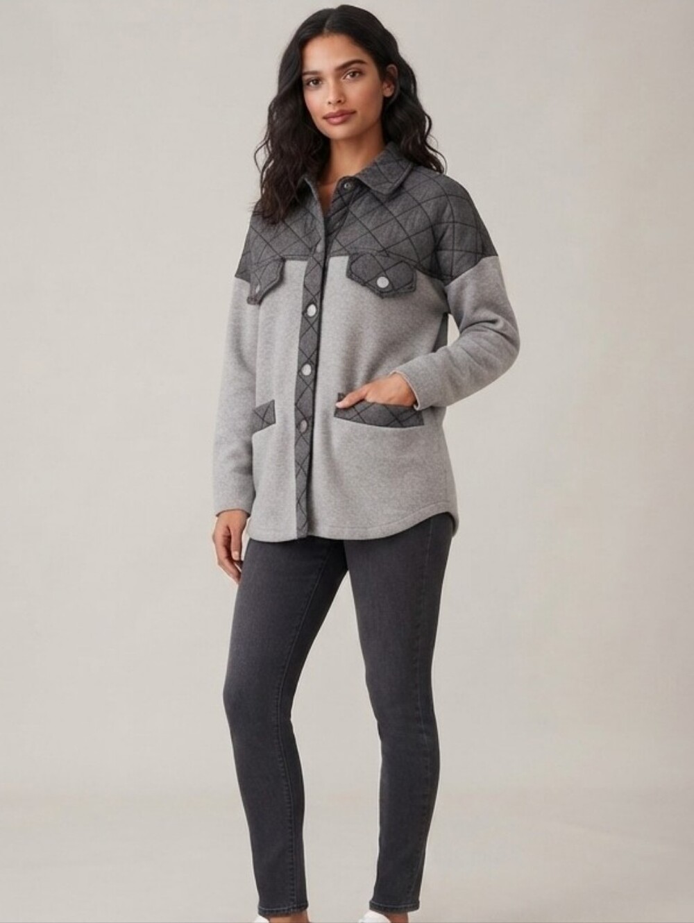 Mazik Black Gray Colorblock Patchwork Shacket Size Small NWOT